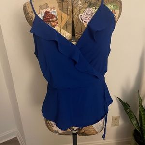Monteau Blue Ruffle Peplum Spaghetti Strap Top Blouse Size Large
